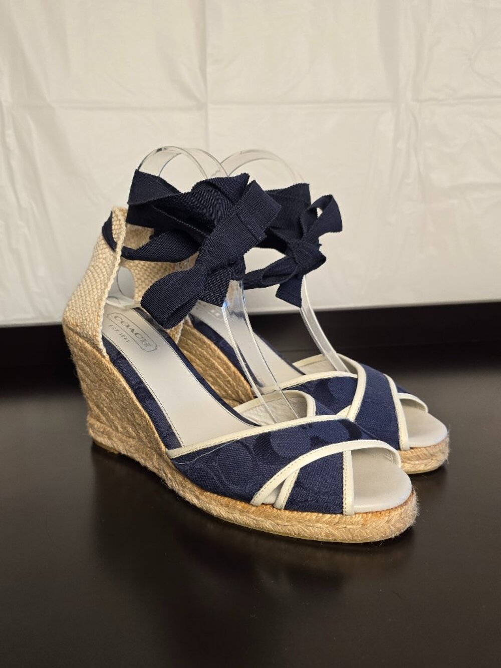 Coach Navy Blue Mila Signature Espadrille Ankle Tie Wedge Sandals Size 9